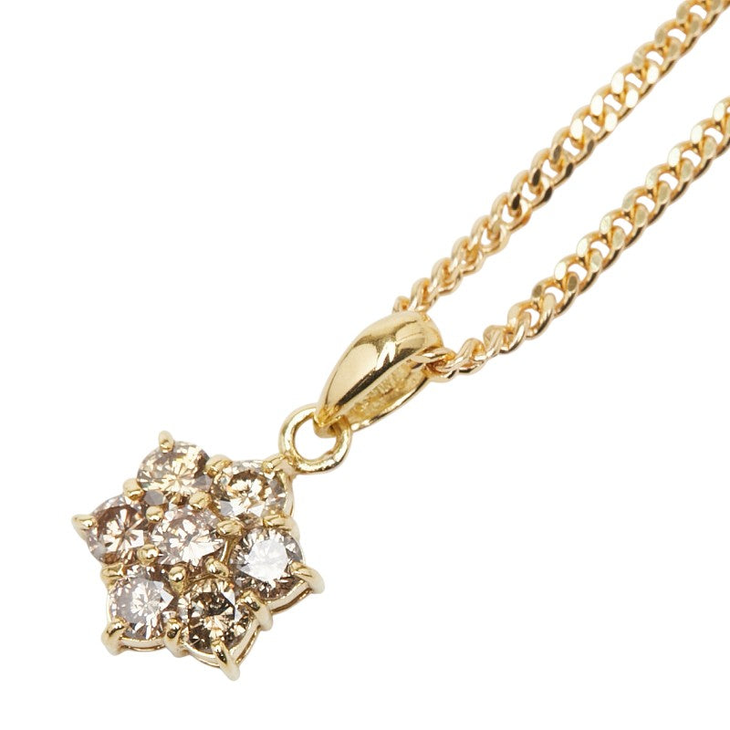 K18YG イエローゴールド ダイヤ0.50ct 花 フラワー モチーフ ネックレス レディース 【中古】