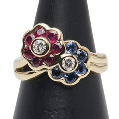 K18YG イエローゴールド ダイヤ0.19ct ルビー0.75ct サファイア0.50ct 花 フラワー モチーフ リング 指輪 レディース 11号 【中古】