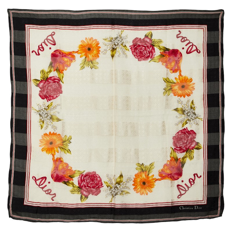 ディオール フラワー ハナ 花 スカーフ ベージュ ブラック マルチカラー シルク レディース Dior 【中古】