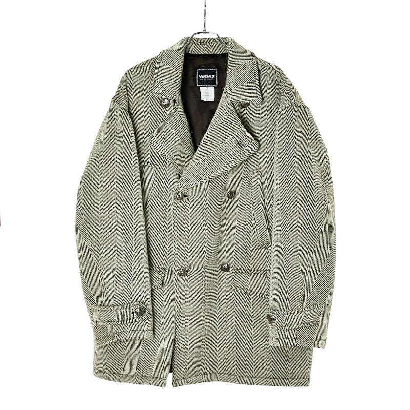 ヴェルサーチェ ジーンズクチュール ヘリンボーン ダブルブレストコート サイズM アイボリー ブラック ウール アセテート メンズ VERSACE 【中古】