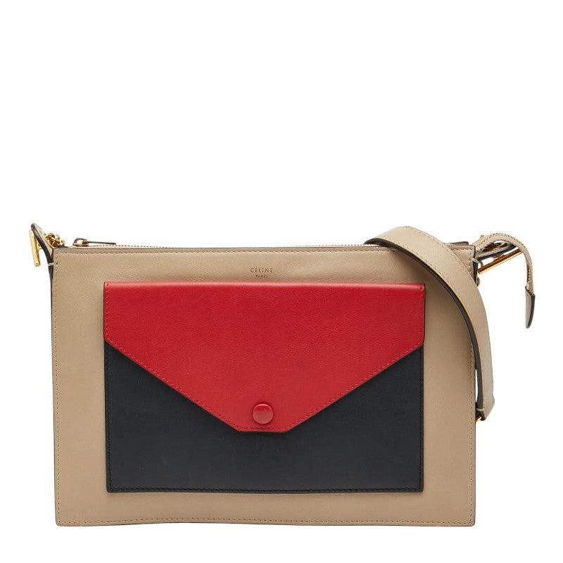 セリーヌ ポケット チェーン ショルダーバッグ ベージュ レッド ネイビー レザー レディース CELINE 【中古】
