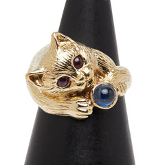 K18YG イエローゴールド ルビー サファイア キャットモチーフ リング 指輪 レディース 4.5号 【中古】