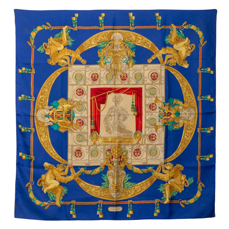 エルメス カレ90 HOMMAGE A CHARLES GARNIER シャルルガルニエへの賛辞 スカーフ ブルー マルチカラー シルク レディース HERMES 【中古】