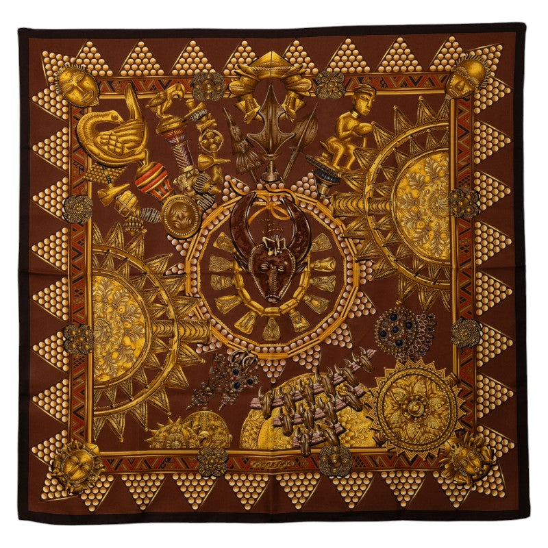 エルメス カレ90 LOR DES CHEFS 首長達の金 スカーフ ブラウン マルチカラー シルク レディース HERMES 【中古】