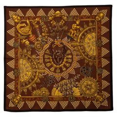 エルメス カレ90 LOR DES CHEFS 首長達の金 スカーフ ブラウン マルチカラー シルク レディース HERMES 【中古】