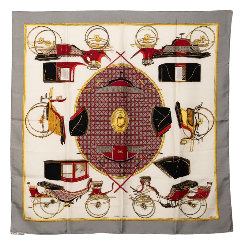エルメス カレ90 LES VOITURES A TRANSFORMATION 折りたたみ式幌の馬車 スカーフ グレー マルチカラー シルク レディース HERMES 【中古】