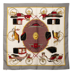 エルメス カレ90 LES VOITURES A TRANSFORMATION 折りたたみ式幌の馬車 スカーフ グレー マルチカラー シルク レディース HERMES 【中古】