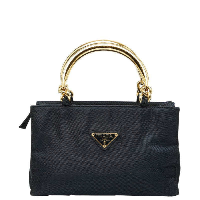 プラダ 三角ロゴプレート ハンドバッグ ネイビー ゴールド ナイロン レディース PRADA 【中古】