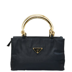 プラダ 三角ロゴプレート ハンドバッグ ネイビー ゴールド ナイロン レディース PRADA 【中古】