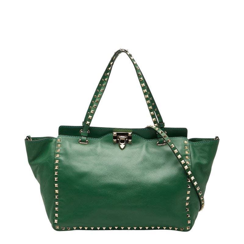 ヴァレンティノ スタッズ ショルダーバッグ トートバッグ 2WAY グリーン レザー レディース VALENTINO 【中古】
