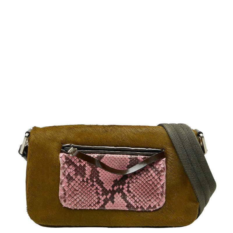 プラダ パイソン ショルダーバッグ カーキグリーン ピンク ハラコ レザー レディース PRADA 【中古】