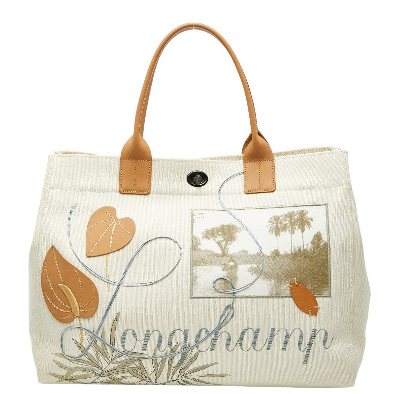 ロンシャン リゾート モチーフ トートバッグ 520339 アイボリー グリーン ベージュ キャンバス レザー レディース Longchamp 【中古】