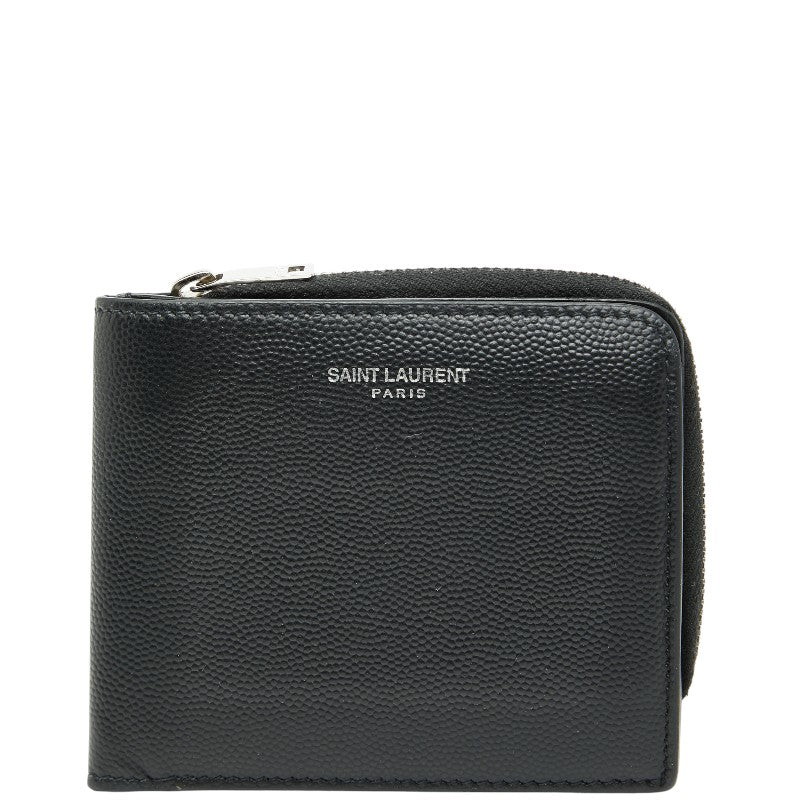 サンローラン ロゴ 二つ折り財布 ブラック レザー レディース SAINT LAURENT 【中古】
