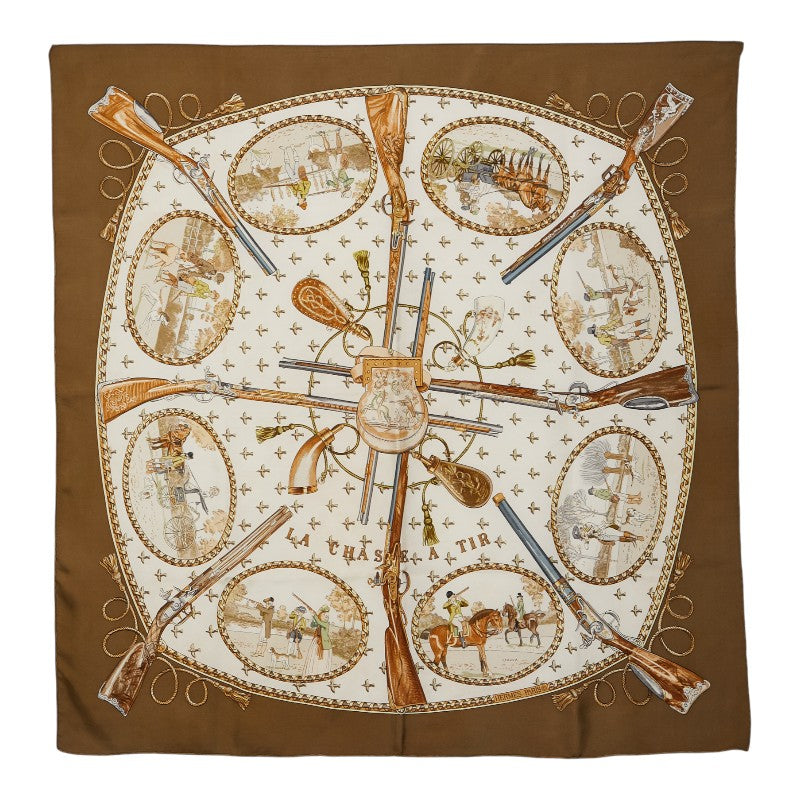 エルメス カレ90 LA CHASSE A TIR マスケット銃での狩猟 スカーフ カーキグリーン マルチカラー シルク レディース HERMES 【中古】