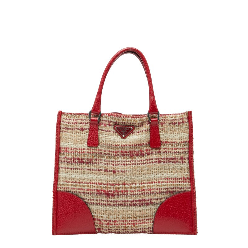 プラダ 三角ロゴプレート ニット トートバッグ ハンドバッグ レッド ベージュ ウール レザー レディース PRADA 【中古】