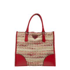 プラダ 三角ロゴプレート ニット トートバッグ ハンドバッグ レッド ベージュ ウール レザー レディース PRADA 【中古】