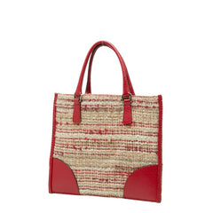プラダ 三角ロゴプレート ニット トートバッグ ハンドバッグ レッド ベージュ ウール レザー レディース PRADA 【中古】