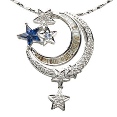 K18WG ホワイトゴールド サファイア ダイヤ 星 月 スター ムーン モチーフ ペンダントネックレス レディース 【中古】