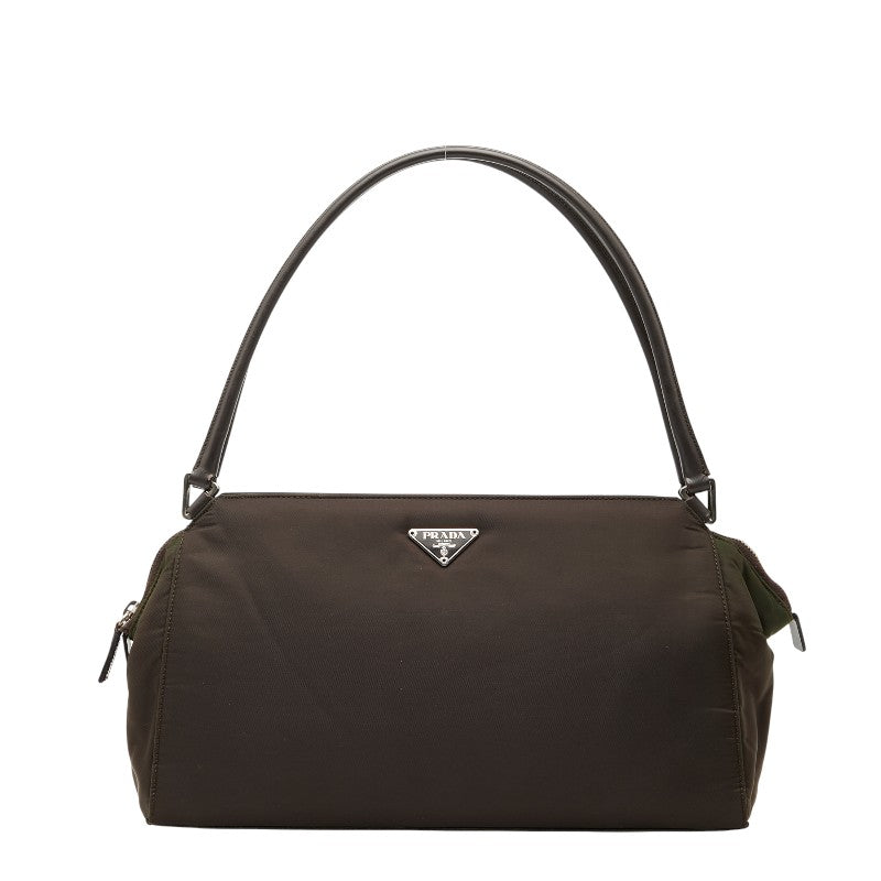 プラダ 三角ロゴプレート ハンドバッグ ブラウン グリーン ナイロン レザー レディース PRADA 【中古】