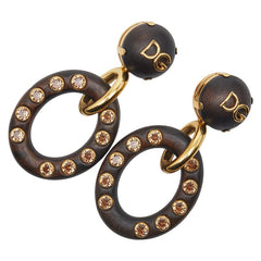 ドルチェアンドガッバーナ フープ ラインストーン イヤリング ゴールド ブラウン メッキ ウッド レディース DOLCE&GABBANA 【中古】
