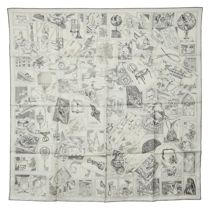 エルメス カレ90 LE PHILATELISTE DU FAUBOURG フォーブルの切手愛好家 スカーフ ホワイト アイボリー グリーン シルク レディース HERMES 【中古】