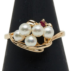 K18YG イエローゴールド アコヤパール ルビー リング 指輪 レディース 10.5号 【中古】