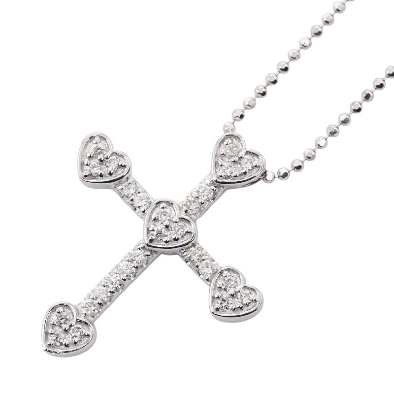 K18WG ホワイトゴールド ダイヤ0.23ct クロス 十字架 ハート モチーフ ネックレス レディース 【中古】