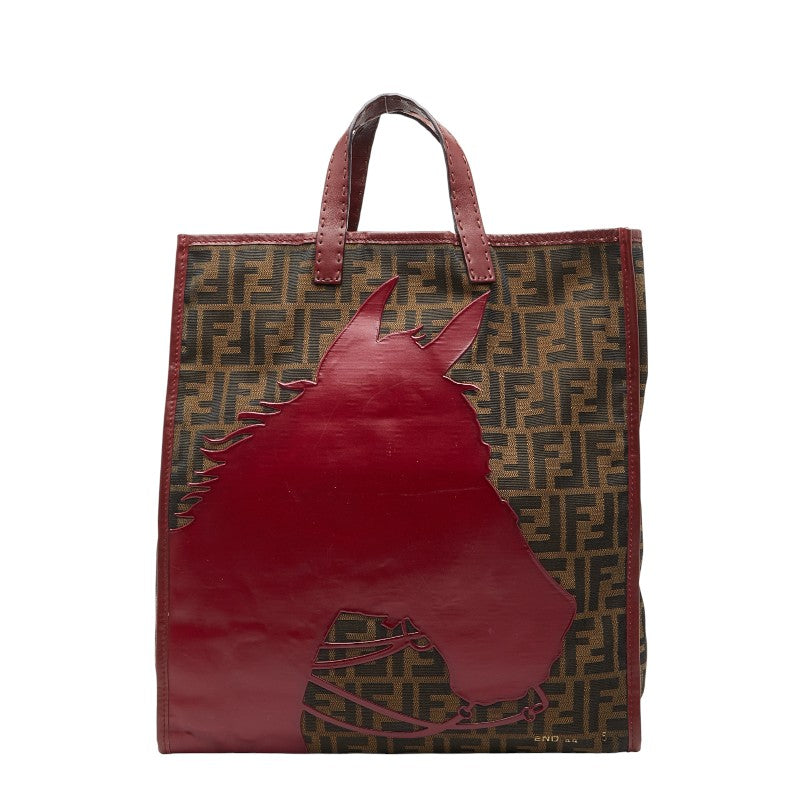 フェンディ ズッカ ホース モチーフ ハンドバッグ トートバッグ ブラウン レッド キャンバス レザー レディース FENDI 【中古】