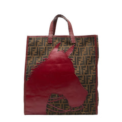 フェンディ ズッカ ホース モチーフ ハンドバッグ トートバッグ ブラウン レッド キャンバス レザー レディース FENDI 【中古】