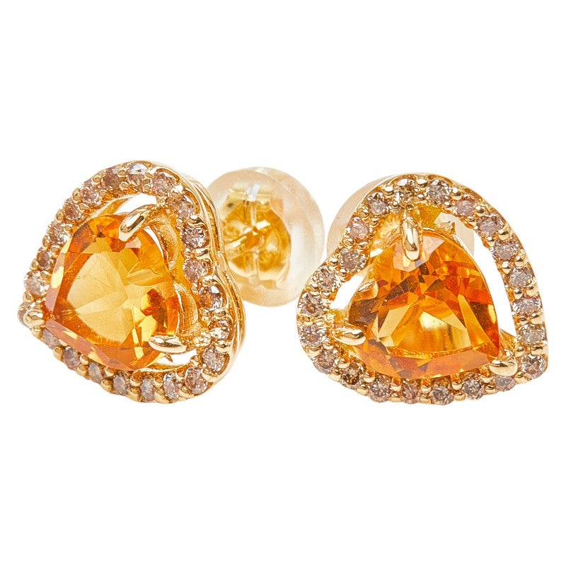K18YG イエローゴールド シトリントパーズ2.30ct ダイヤ0.20ct ハートモチーフ スタッドピアス レディース 【中古】