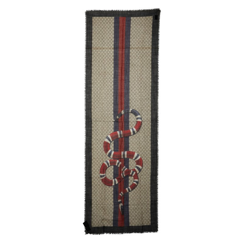 グッチ ウェブ＆スネーク プリント スカーフ 429733 ベージュ ブラック ウール レディース GUCCI 【中古】