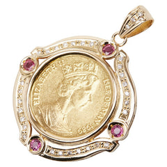 K24 ゴールド K18YG イエローゴールド ダイヤ0.24ct ルビー0.43ct エリザベス2世 1/5 OZ マン島キャットコイン ペンダントトップ レディース 【中古】