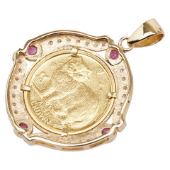 K24 ゴールド K18YG イエローゴールド ダイヤ0.24ct ルビー0.43ct エリザベス2世 1/5 OZ マン島キャットコイン ペンダントトップ レディース 【中古】