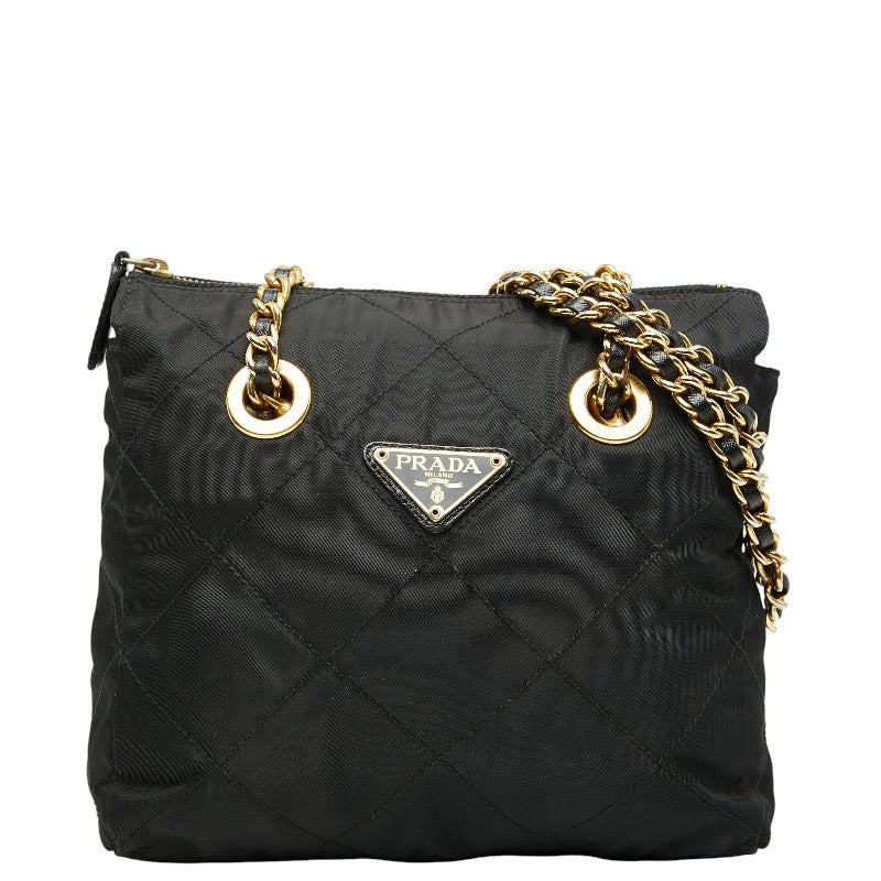 プラダ 三角ロゴプレート チェーン ショルダーバッグ ブラック ナイロン レザー レディース PRADA 【中古】