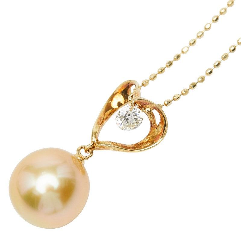 K18YG イエローゴールド 白蝶真珠9.6～9.8mm ダイヤ0.14ct ハートモチーフ ネックレス レディース 【中古】