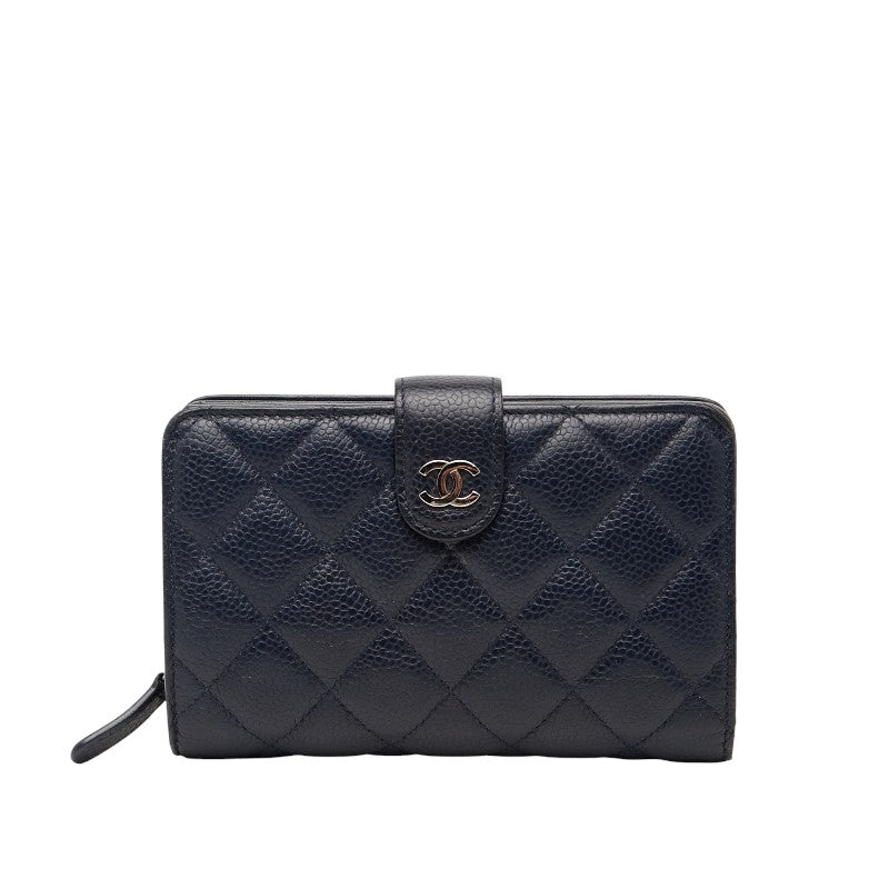 シャネル マトラッセ ココマーク 二つ折り財布 ネイビー キャビアスキン レディース CHANEL 【中古】