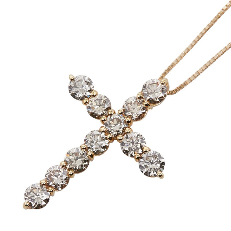 K18PG ピンクゴールド ダイヤ2.00ct クロス 十字架 モチーフ ペンダントネックレス レディース 【中古】