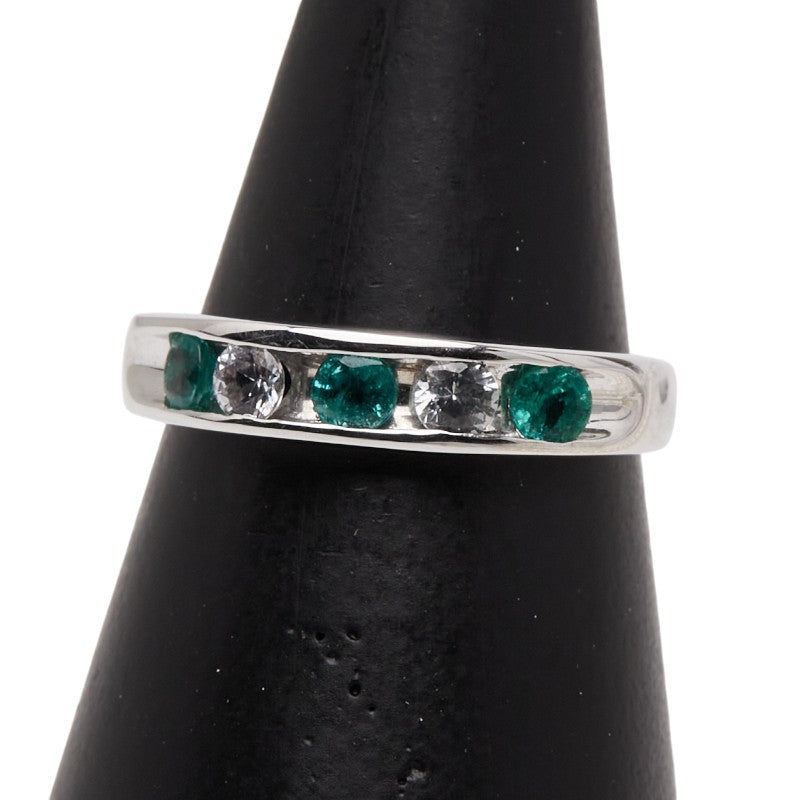 K14WG ホワイトゴールド エメラルド サファイア 一文字リング 指輪 レディース 11号 【中古】