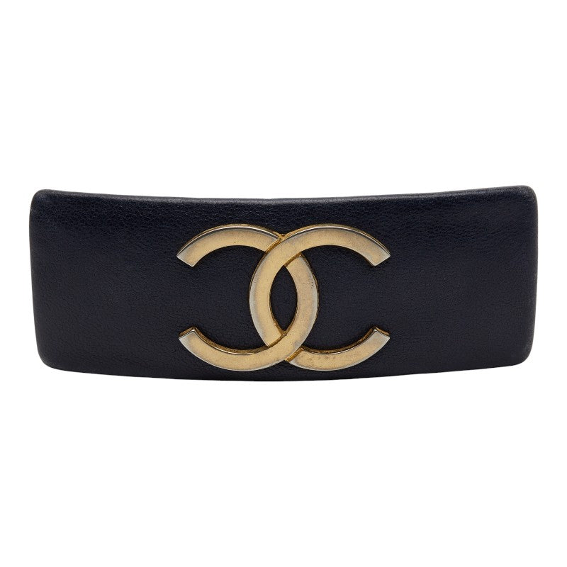 シャネル ココマーク バレッタ ネイビー ゴールド レザー メッキ レディース CHANEL 【中古】