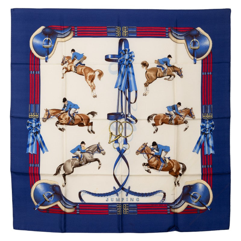 エルメス カレ90 JUMPING スカーフ ブルー マルチカラー シルク レディース HERMES 【中古】