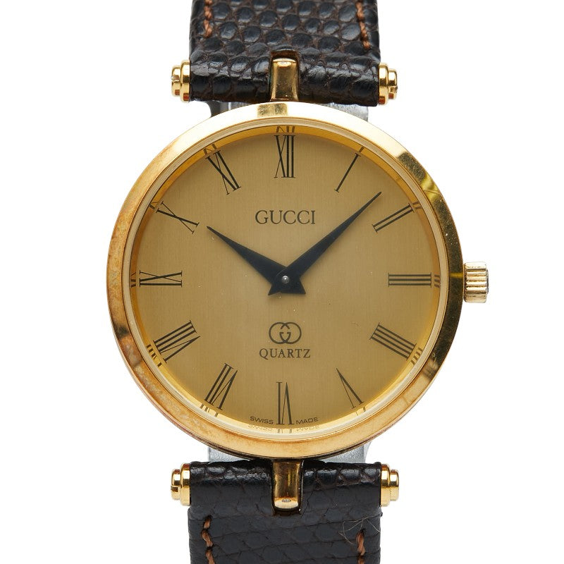 グッチ シェリーライン 腕時計 クオーツ ゴールド文字盤 ステンレススチール レザー レディース GUCCI 【中古】