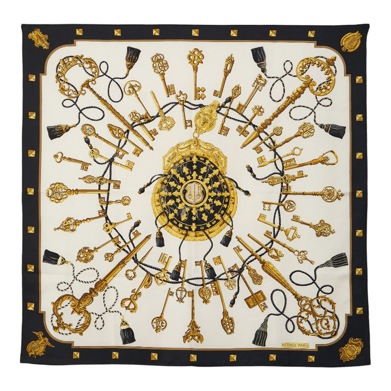 エルメス カレ90 LES CLES 鍵 スカーフ ブラック ゴールド シルク レディース HERMES 【中古】