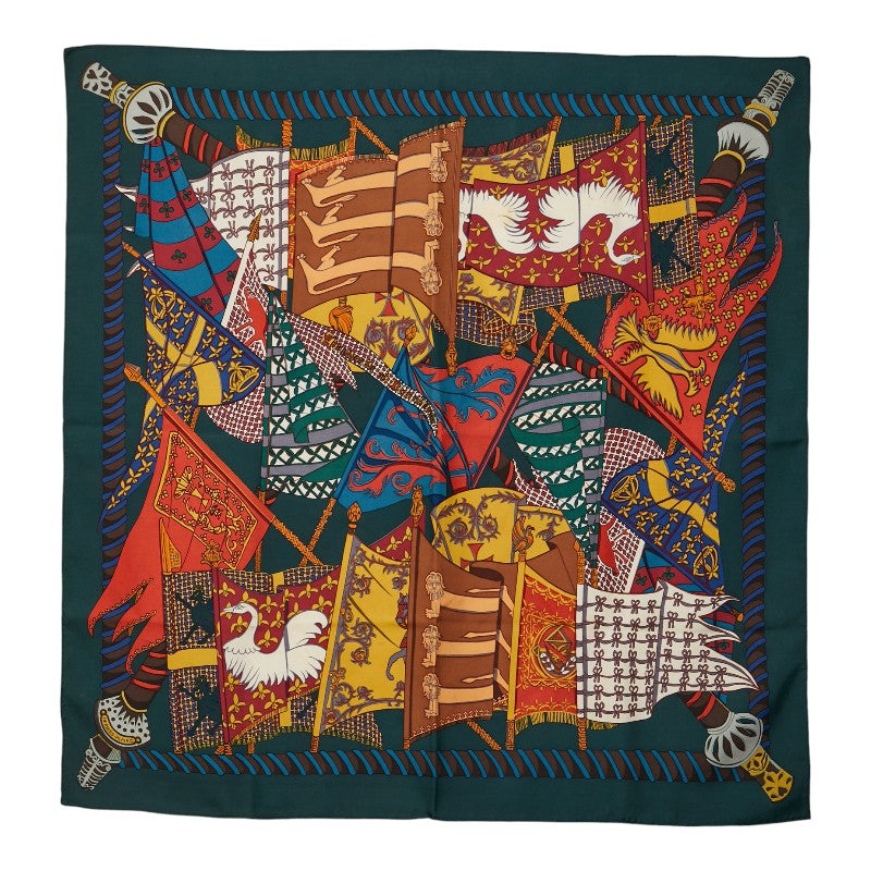 エルメス カレ90 Etendards et Bonnieres 旗 スカーフ グリーン マルチカラー シルク レディース HERMES 【中古】