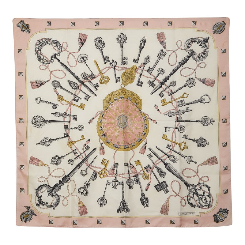 エルメス カレ90 LES CLES 鍵 スカーフ ピンク マルチカラー シルク レディース HERMES 【中古】