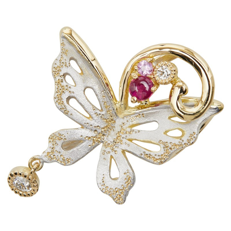 K18 ゴールド ダイヤ0.08ct ルビー0.11ct ピンクトルマリン0.03ct バタフライ 蝶々 モチーフ ペンダントトップ レディース 【中古】