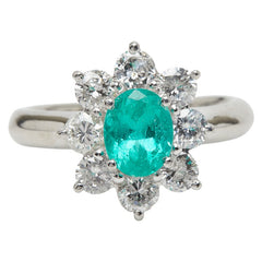 Pt900 プラチナ エメラルド0.76ct ダイヤ1.00ct フラワーモチーフ リング 指輪 レディース 8.5号 【中古】