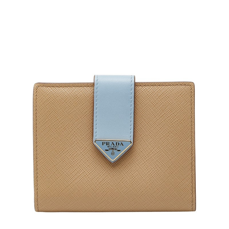 プラダ 三角ロゴプレート 二つ折り財布 ベージュ ブルー サフィアーノレザー レディース PRADA 【中古】