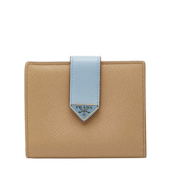 プラダ 三角ロゴプレート 二つ折り財布 ベージュ ブルー サフィアーノレザー レディース PRADA 【中古】
