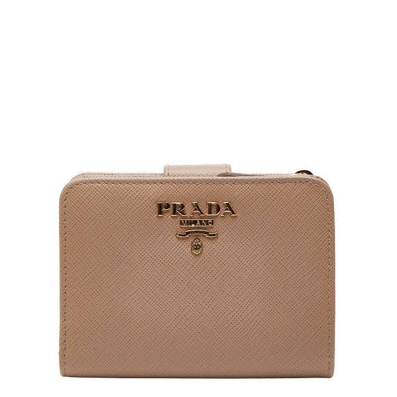 プラダ ロゴ 二つ折り財布 1ML018 ピンク ベージュ サフィアーノレザー レディース PRADA 【中古】