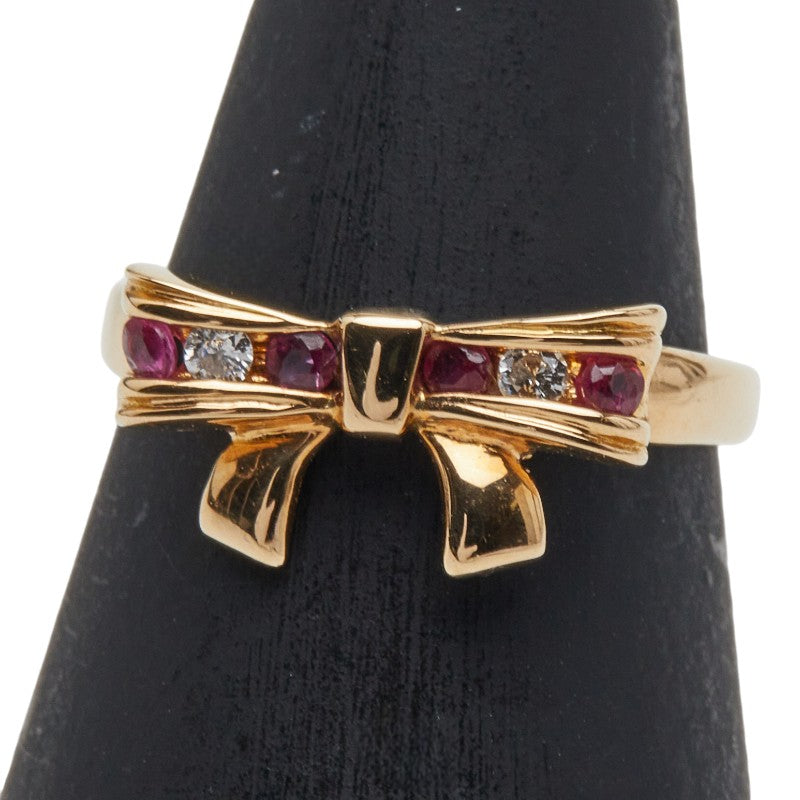 K18YG イエローゴールド ルビー0.036ct ダイヤ リボン モチーフ リング 指輪 レディース 5号 【中古】